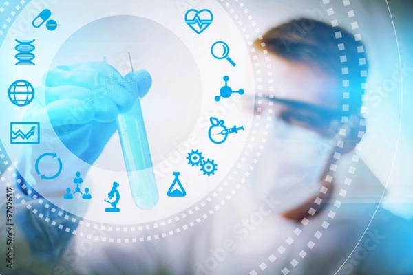 Fototapeta Koncepcja badacza biotechnologii lub nauki biotechnologiczne, bliska męskiego biologa robi eksperyment.