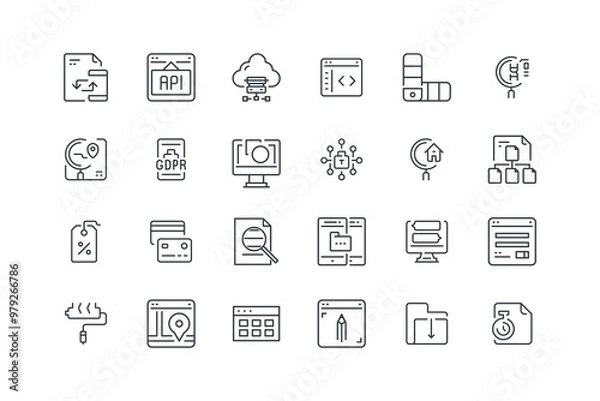 Fototapeta Api, Cloud Storage, Coding, Color, Dna, File Exchange, set of icons for web design, vector illustration