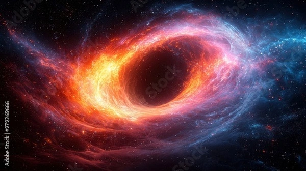 Fototapeta A stunning depiction of a cosmic black hole surrounded by colorful gas and dust in deep space during a star-filled night