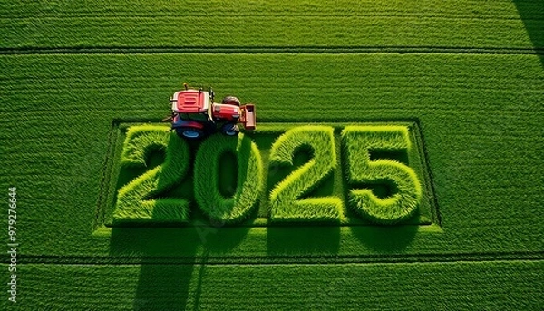Obraz Green Field with 2025 Mowed Area and Red Tractor, AI Generated Images