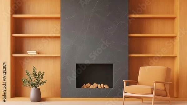 Fototapeta Granite fireplace surround in a cozy living room, with builtin shelves and comfortable seating, offering a blend of warmth and luxury