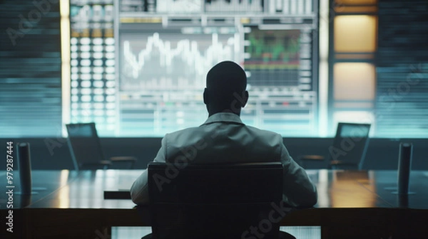 Fototapeta Senior executive in suit reading financial regulations, focused and serious in modern office, blurred financial charts background, emphasizing compliance and oversight in finance.