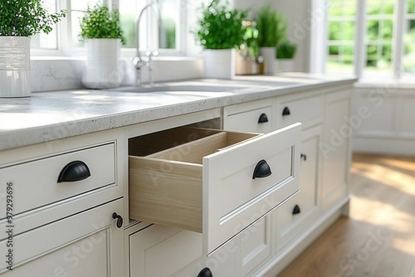 Fototapeta A bright kitchen scene featuring an open drawer, modern cabinets, and stylish plants creating a welcoming atmosphere.