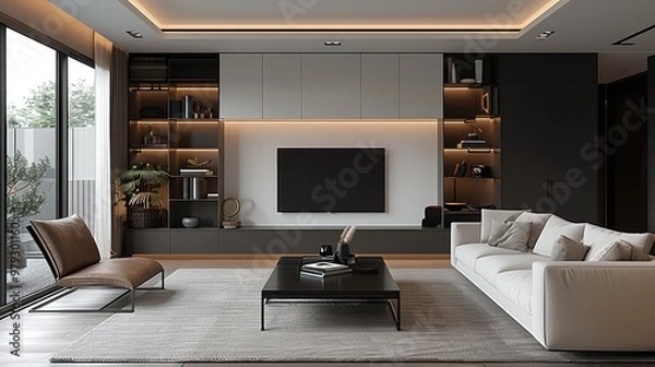 Fototapeta Modern minimalist living room, with a white sofa and black cabinet combination, light gray walls with simple bookshelves in a dark wood color. A large TV hangs above a long leather chair.