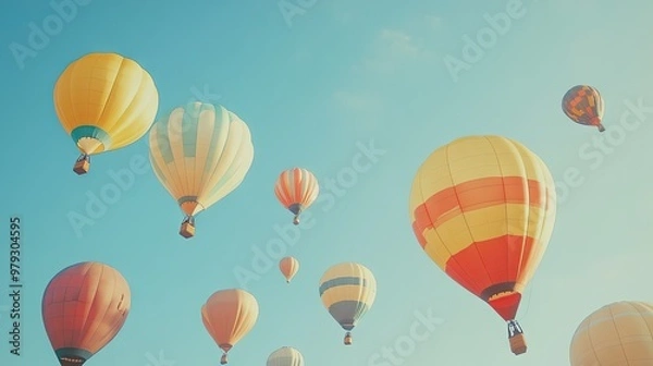 Fototapeta A group of balloons in various shapes and sizes soaring into a clear summer sky, creating a whimsical and playful scene