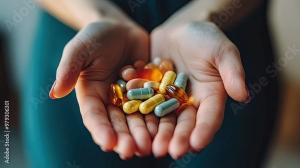 Fototapeta A person holding a handful of colorful vitamins and supplements, representing health maintenance and wellness