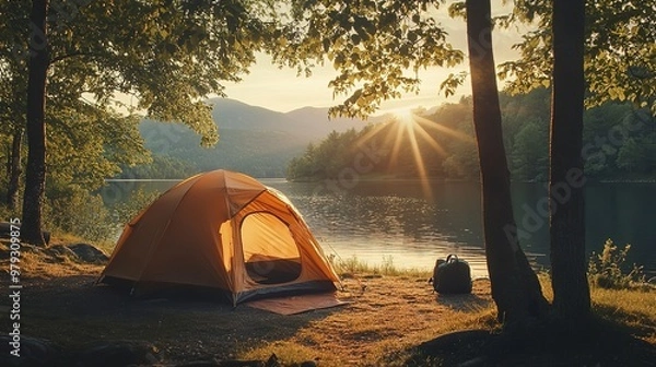 Fototapeta A single, orange tent sits on the lakeshore, bathed in the warm glow of the setting sun. The scene is peaceful, with a backdrop of mountains and trees 