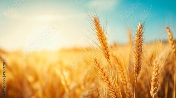 Fototapeta Golden Wheat Field with Blue Sky and Sunlight - AI generated illustration