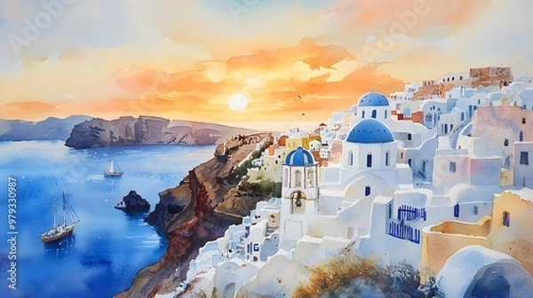 Fototapeta Watercolor painting of a sunset in Santorini, with cruise ships at sea