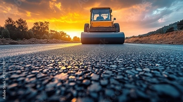 Fototapeta Under the sunset, the construction site roller presses the asphalt road Close up panoramic view