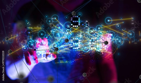 Fototapeta Neural network 3D illustration. Big data and cybersecurity