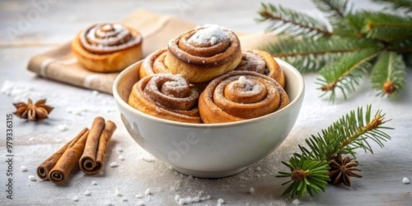 Fototapeta Delicate swirls of risgrynsgröt adorned with a light dusting of cinnamon, set against a crisp white canvas.