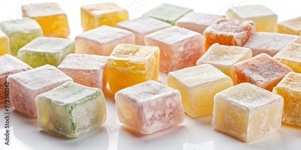 Fototapeta Chewy, translucent cubes of Lokum, arranged in a deliberate pattern, glisten against a crisp white background, highlighting the delicate texture and subtle sheen of the candy.