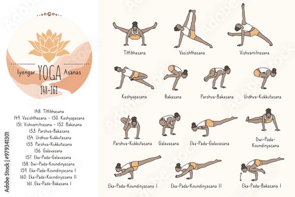 Obraz Hand drawn hatha yoga poses and their sanskrit names, Iyangar yoga asanas 148-161