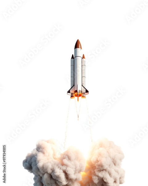 Fototapeta Rockets take off on a white backdrop, spewing white smoke and orange flames. Fit for concepts with a space theme and a science, technology, or inventive theme. Generative AI