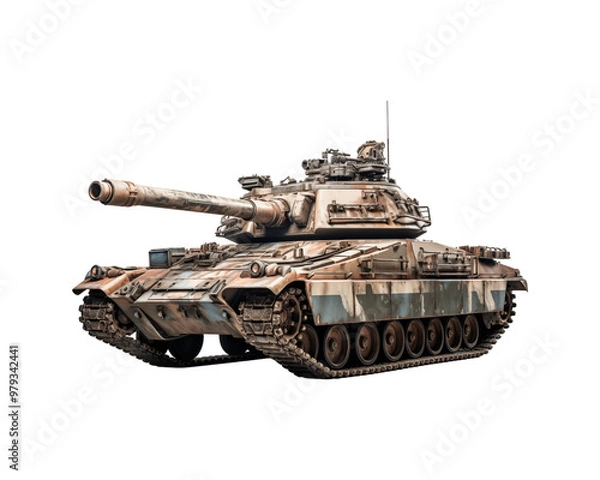 Fototapeta Camouflaged military tank suitable for military, warfare, and defense concepts. Shows tracks, cannons, and turrets. Perfect for war themed designs and projects. Generative AI
