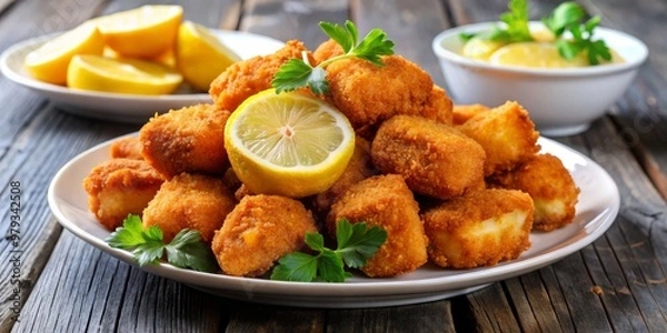Fototapeta Tasty fried fish bites, served with a zesty lemon wedge on the side