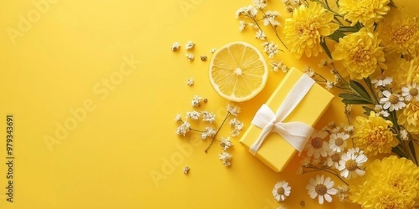 Fototapeta A yellow gift box tied with a white ribbon, surrounded by flowers and a lemon slice, sits elegantly on a yellow background.