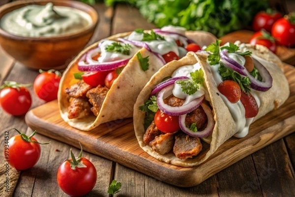 Fototapeta Savory street food favorite featuring tender meat wrapped in warm pita with cool and refreshing tzatziki, ripe tomatoes, and crispy onions