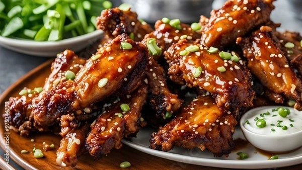 Fototapeta Crispy fried chicken wings coated in a sticky, glossy honey garlic sauce, garnished with sesame seeds