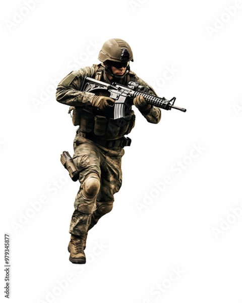 Fototapeta Soldier in camouflage uniform with assault rifle for military, army, combat, war, security, defense, protection, and armed forces concepts. Generative AI