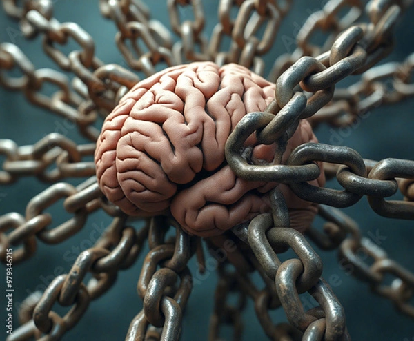 Fototapeta Human brain trapped and bound by heavy chains