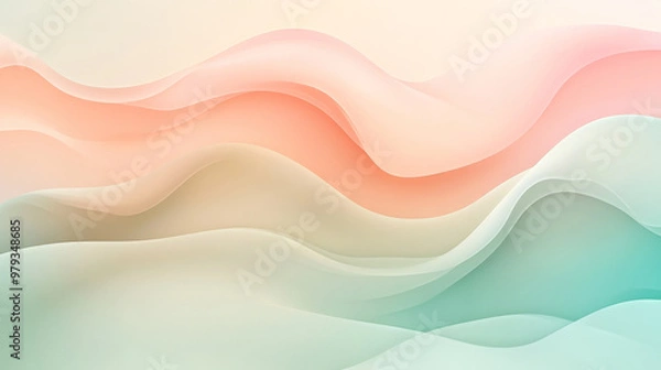 Fototapeta A soft gradient background from pastel peach to soft mint green, with dynamic waves and shapes flowing seamlessly into each other.