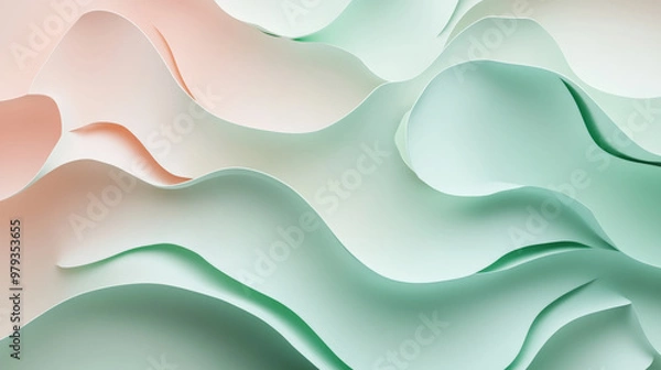 Fototapeta Neumorphism-inspired minimalist background with soft pastel tones of pale green and light pink, featuring raised elements with subtle depth and shadowing.