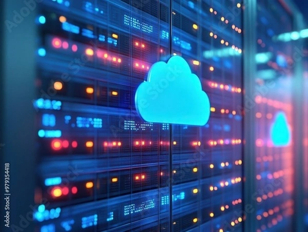 Fototapeta Cloud storage with data being managed in the cloud, digital style, sharp focus, high detail, bright lighting