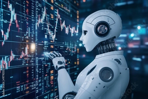 Fototapeta A humanoid robot analyzes financial market data in a futuristic trading environment during nighttime