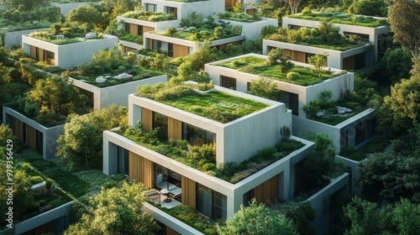 Fototapeta Ultra-modern cube homes, arranged in a staggered stack, each with unique rooftop terraces offering a mix of greenery and seating areas, minimalist style