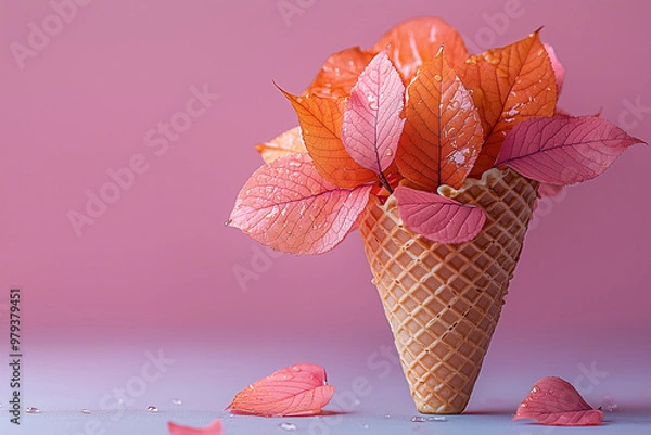 Obraz Autumn leaves in wafer ice cream cone with raindrops on pink background. Autumn season. Modern creative collage. Copy space.
