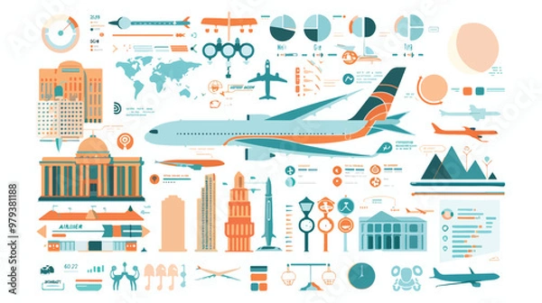 Fototapeta Travel and Flight Infographics with Data Icons Elements