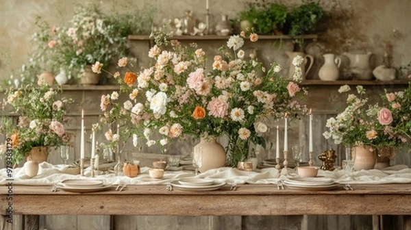 Fototapeta Rustic Table Setting with Floral Arrangements