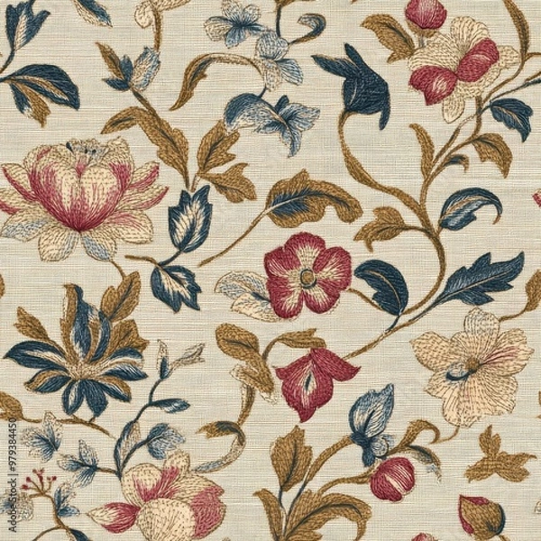 Obraz Vintage tapestry renaissance floral pattern on vintage beige fabric background, seamless repeating pattern, textile print style, minimal, tapestry design, seamless renaissance floral pattern, 