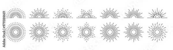 Fototapeta Set of abstract boho sun, sunburst. Bohemian minimalist linear sunrise and sunset isolated on transparent background. Editable stroke. Vector illustration