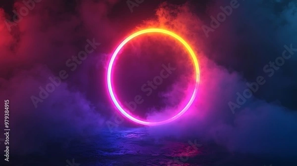 Fototapeta Vibrant Neon Circle Amidst Colorful Fog and Smoke