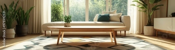 Fototapeta Midcentury-inspired room with a smooth teak coffee table, neutral palette, geometric rug, large windows, soft sunlight, and modern decor