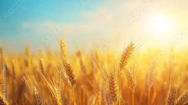 Fototapeta Golden Wheat Field with Blue Sky and Sunlight - AI generated illustration