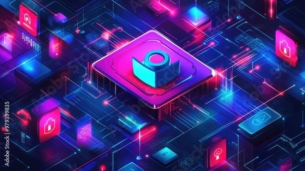 Fototapeta Cybersecurity Illustrations with Shields and Padlocks Guarding Data