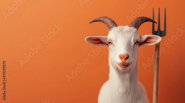 Fototapeta Goat in a devil costume with tiny horns and a pitchfork, devil goat, farm animal in spooky attire