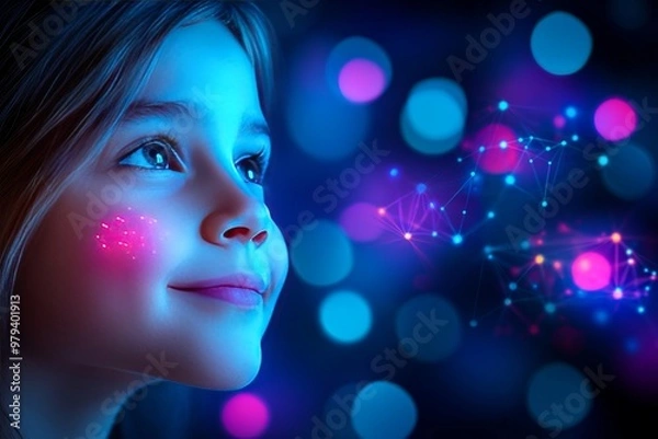 Fototapeta Child gazing at glowing pink and blue digital lights symbolizing curiosity wonder and the boundless potential of imagination in the digital age