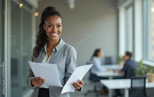 Fototapeta Happy young African American woman standing in office with document in hand, Mastering the Art of Office Presentations, Effective Document Handling in Professional Settings