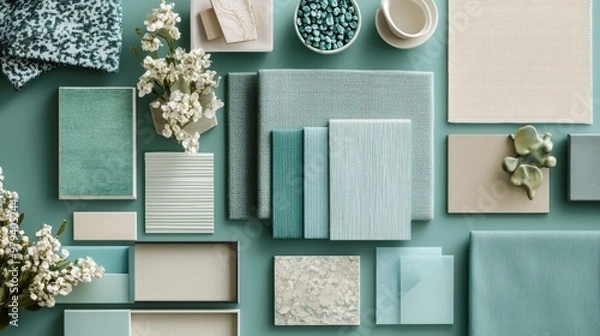 Fototapeta Greenish flat lay composition in teal, light green color palette with textile and paint samples, lamella panels and tiles. Architect and interior designer moodboard. Top view. Copy space. Template
