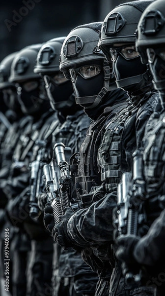 Obraz A group of soldiers stand in a line, all wearing black helmets
