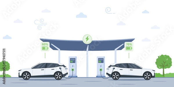 Fototapeta Two electric cars charge at a station under a solar-powered canopy with a city skyline silhouette. Battery EV vehicles are plugged in and get electricity from the charging module.