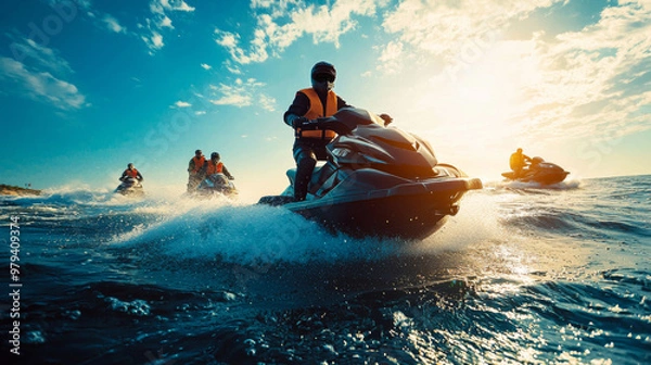 Fototapeta A man is riding a jet ski with a group of people