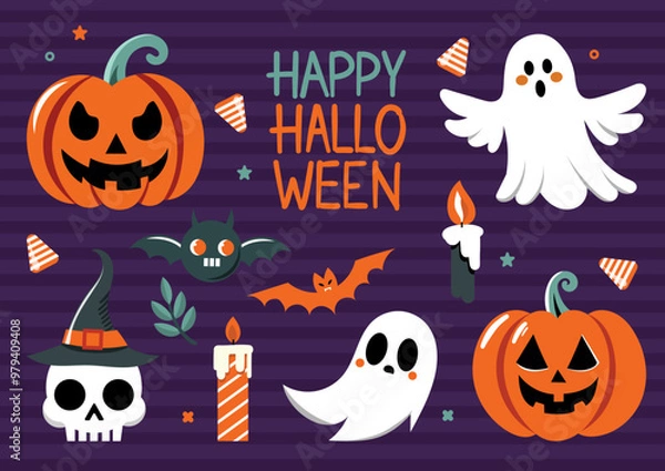 Fototapeta Set of decorative elements for Halloween. Cute ghosts, scary pumpkins, bats, flowers, skulls, inscriptions. For invitations, posters, cards, social media, banners.
