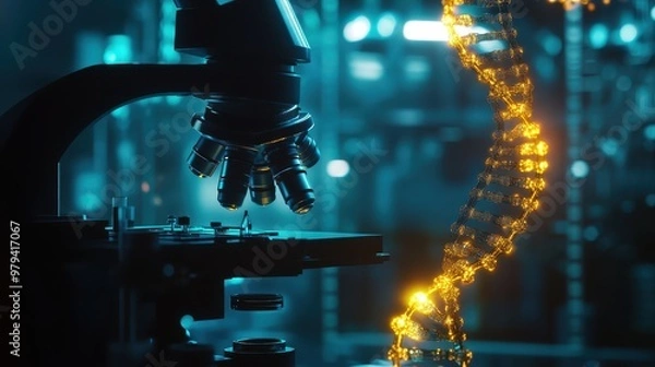 Fototapeta Biotechnology lab close-up with a microscope focusing on a DNA prototype, illuminated by lab lighting, [microscope], [DNA prototype].