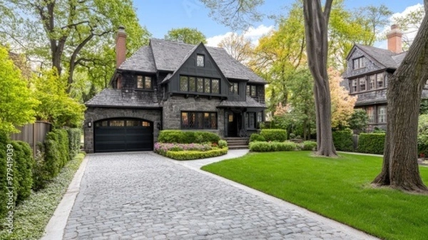 Fototapeta This beautiful colonial home showcases classic New England architecture with stone walls, large windows, a cobblestone driveway, and lush greenery on a sunny day